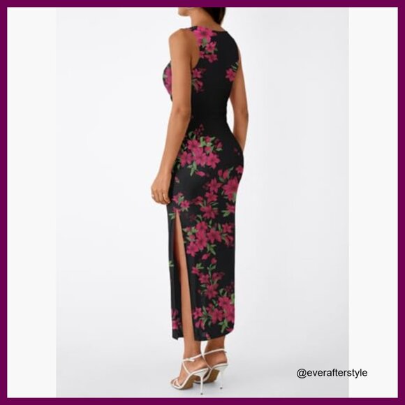 Polyester Spandex Bodycon Maxi Dress Sleeveless Ruched Side Slit - Picture 4 of 5